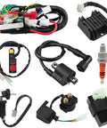 All In One Atv Wiring Harness Kit With Cdi Ignition Coil Solenoid Relay And Spark Plug Set For Most 150cc 200cc 250cc Chinese Made Quad Go Kart Dirt Bike Dune Buggy 8 Piece Replacement Parts