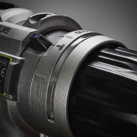 Close-up of the e-Torque control on the Professional Grade Brushless Percussion Drill With Killer Torque And All Metal Chuck 18 Volt Cordless Power Tool.