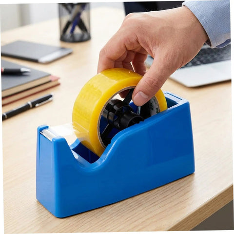 Person placing yellow tape on Snag This Fresh 2-Pack Of 36Mm Plastic Tape Dispenser Core Replacement Spinner Wheels.