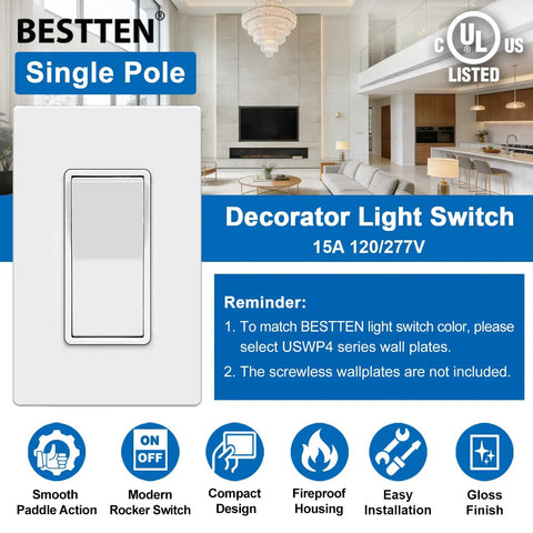 Single Pole Decorator Wall Switch For No Fuss Easy On Off, 15A 120 277V, Paddle Rocker Interrupter, UL Listed, White, 10 Pack
