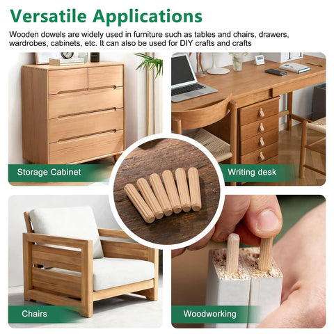 150 Pcs Wood Dowels Kit One Quarter Inch And One And A Half Inch Fluted Dowel Pins for Crafts and DIY Projects displayed in furniture