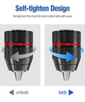 Self Tightening Keyless Drill Chuck 1/2 Inch 20UNF Quick Change For Milwaukee M18 Drills And Impact Drivers, showing lock/unlock.