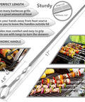 Diagram showing Premium 17 Inch Stainless Steel Kabob Skewers for Grilling with ergonomic handle and food on skewers.