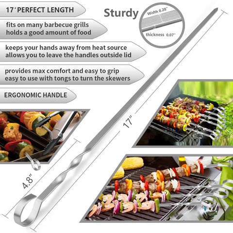 Diagram showing Premium 17 Inch Stainless Steel Kabob Skewers for Grilling with ergonomic handle and food on skewers.