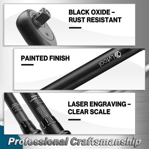 Three Piece Torque Wrench Set With 1/4, 3/8, And 1/2 Inch Drives Click Type Torque Wrenches For Bikes, Motorcycles, Cars, And Workshop Use, Ranging 10-220 In-Lb, 5-45 Ft-Lb, And 10-170 Ft-Lb black oxide finish with laser-engraved scale