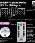 Diagram of Outdoor Icicle Christmas Lights With 1008 LEDs, 98.4 Ft Warm White Drops, showing 8 lighting modes and remote options