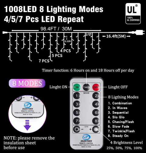 Diagram of Outdoor Icicle Christmas Lights With 1008 LEDs, 98.4 Ft Warm White Drops, showing 8 lighting modes and remote options