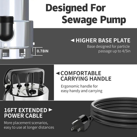 1.6HP Stainless Steel Sump Pump With Auto Float Switch, 6000GPH High Flow Submersible Water Pump features and cable view