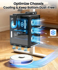 No Sweat Under Desk PC Tower Mount With Quick Clamp On Install Rock Solid Adjustable Computer Stand displaying efficient airflow and cleaning robot.