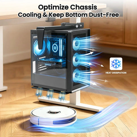 No Sweat Under Desk PC Tower Mount With Quick Clamp On Install Rock Solid Adjustable Computer Stand displaying efficient airflow and cleaning robot.