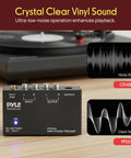 Pyle Phono Turntable Preamp Mini Electronic Audio Stereo Phonograph Preamplifier With 9V Battery Compartment shown with vinyl record.