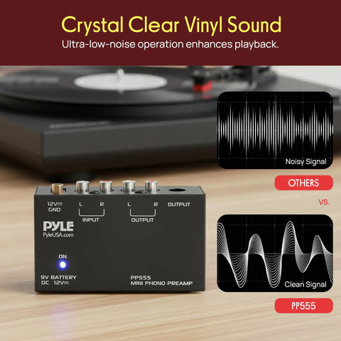 Pyle Phono Turntable Preamp Mini Electronic Audio Stereo Phonograph Preamplifier With 9V Battery Compartment shown with vinyl record.