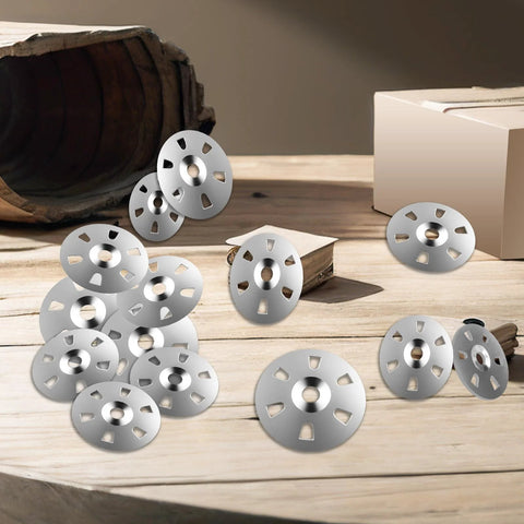 Flat stainless steel washers with central hole and multiple cutouts; 1-1/8 in, pack for screws