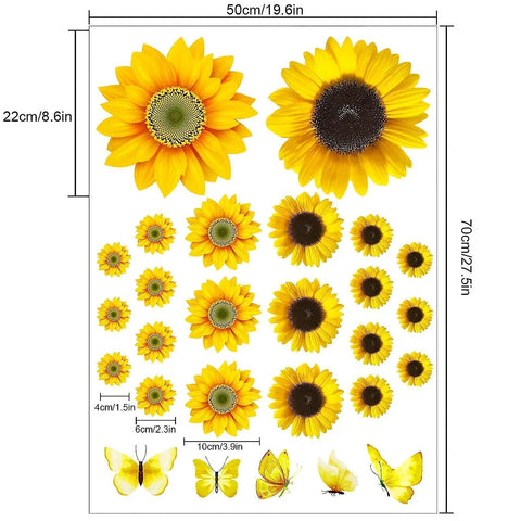 39 Piece 3D Sunflowers And Butterflies Wall Decals Set With Gold Accents showcasing yellow sunflowers and butterflies dimensions.