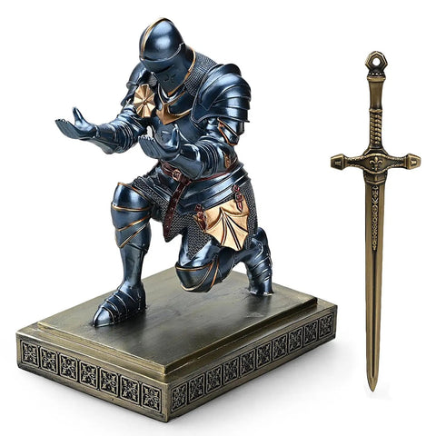 Medieval Armor Knight Pen Holder For Desk Organizer Resin Pencil Holder And Paperweight Gift With A Badass Letter Opener Blue Finish