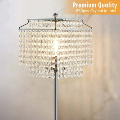 Crystal Floor Lamp 64 Inch Tall With Double Layer Shade featuring 660 crystals and silver finish standing in focus
