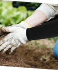 Close-up of Tough As Nails Protective Arm Sleeves with serious cut resistance for gardeners working in soil.