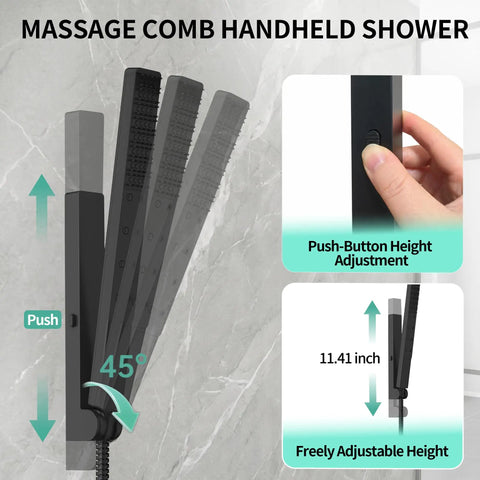 Massage Comb Handheld Shower Set, Adjustable 11.41 inch, Matte Black, with Push-Button Height Adjustment.