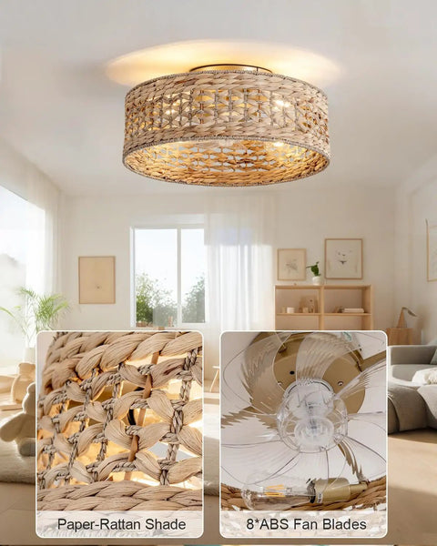 XINGSIYUELYX Boho Rattan Caged Fandelier Ceiling Fans with Lights featuring woven paper-rattan shade and 8-inch ABS fan blades.