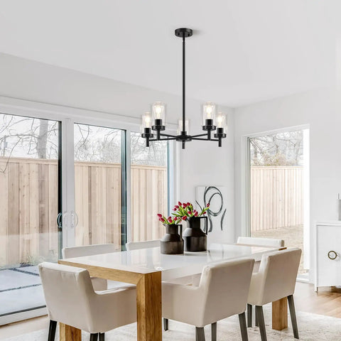 Modern dining room with 4 Light Black Dining Room Chandelier With Glass Shades, Farmhouse Contemporary Modern Pendant Ceiling Light.