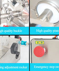 Top Notch Pneumatic Liquid Filling Machine With 30 Liter Hopper And Single Nozzle Piston Head close-up of buckles, piston, rocker, and stop switch.