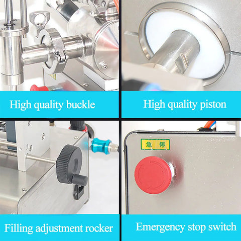 Top Notch Pneumatic Liquid Filling Machine With 30 Liter Hopper And Single Nozzle Piston Head close-up of buckles, piston, rocker, and stop switch.