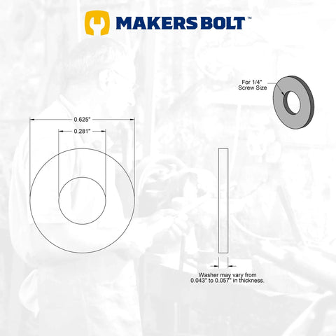 Diagram and measurements of Heavy Duty One Quarter Inch 18-8 Stainless Steel Flat Washers Black Oxide Finish 100 Pack for DIY projects.