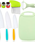 9-piece kids kitchen knife set with colorful plastic knives and a green cutting board.
