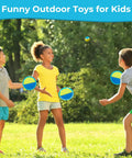 Children playing with an Outdoor Toss And Catch Ball Set For Kids Beach Toys And Backyard Games Perfect For Backyard Playgrounds And Beach Trips With 6 Balls And 3 Paddles Includes Storage Great Easter Gift Light Blue in a grassy area