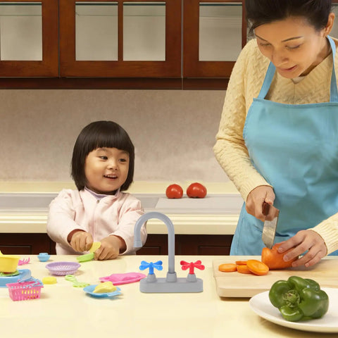 Straight Up Realistic Kitchen Faucet Toy For Kids Pretend Play Sink Accessories with vibrant colors on a kitchen table.