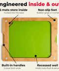 Top Shelf Bamboo Cutting Board Set With Six Color Coded Flexible Mats And Smart Storage Holder For Effortless Meal Prep BPA Free Non Slip Kitchen Chopping Block showing mats tucked inside.