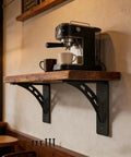 Beefy Heavy Duty Shelf Brackets Set Of 2 12 X 10 Inch Die Cast Alloy Mantel Support with coffee machine on wooden shelf
