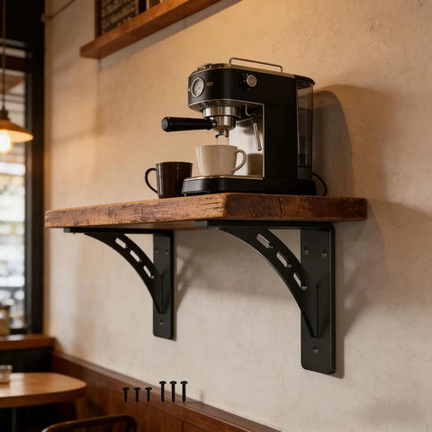 Beefy Heavy Duty Shelf Brackets Set Of 2 12 X 10 Inch Die Cast Alloy Mantel Support with coffee machine on wooden shelf