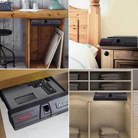 Quick Draw Under Desk Gun Safe With Biometric Finger Vein Lock mounted under a desk, showing gun storage compartment.