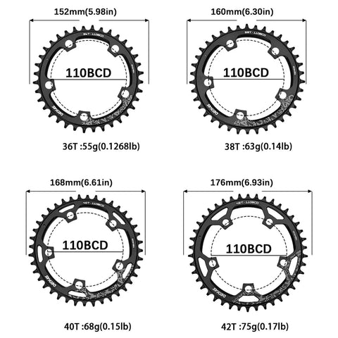 Round 110 BCD Chainring Narrow Wide 36T to 42T for 7 to 12 speed chains aluminum 7075 black with beefy retention for Shimano SRAM cranks