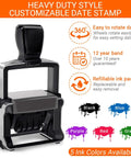 Top Shelf Custom Self Inking Rubber Date Stamp Designed For Office Hustles And Business Tasks Featuring Rock Solid Build Quality And Fully Editable Message Areas For Received Paid Or Done Deal Statuses Across Four Slick Size Options, with adjustable year dials and refillable ink pad.