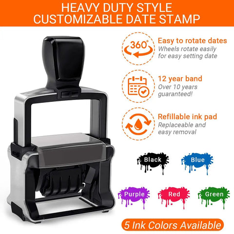 Top Shelf Custom Self Inking Rubber Date Stamp Designed For Office Hustles And Business Tasks Featuring Rock Solid Build Quality And Fully Editable Message Areas For Received Paid Or Done Deal Statuses Across Four Slick Size Options, with adjustable year dials and refillable ink pad.