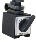 Front view of magnetic base with mounting clamp and on/off lever.