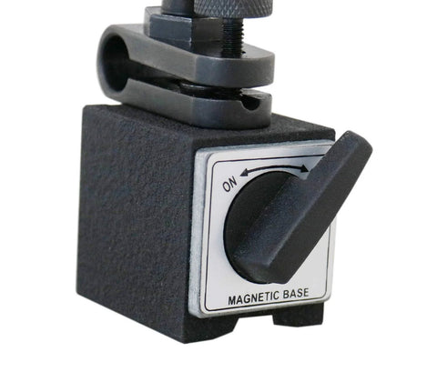 Front view of magnetic base with mounting clamp and on/off lever.