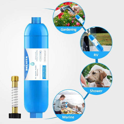 RV Inline Water Filter With Flexible Hose Protector For RVs And Marine Use 2 Pack Drinking And Washing Filter Reduces Lead Fluoride Chlorine Bad Taste And Odor showing uses for gardening, RV, shower, and marine.