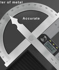 Rock Solid Heavy Duty Stainless Steel Angle Finder Protractor 0-180 Degree Precision Etched Goniometer Swinging Arm Measuring Ruler close-up image with scale and digital readout.