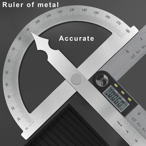 Rock Solid Heavy Duty Stainless Steel Angle Finder Protractor 0-180 Degree Precision Etched Goniometer Swinging Arm Measuring Ruler close-up image with scale and digital readout.
