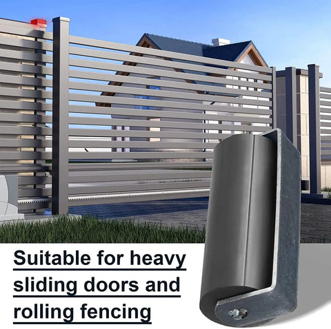 Front view of 6 Inch Slide Gate Roller Set Of 2 With Weld-On Bracket For Gate Hardware next to a metal gate.