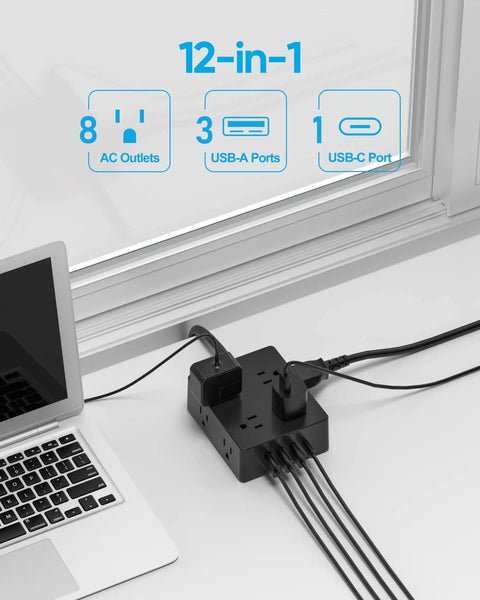 Slim 5 Ft Power Strip With 8 Outlets And 4 USB Ports USB C Included Ultra Thin Flat Plug in use on a desk with laptop