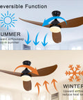 Modern Dimmable Led Ceiling Fan With Remote And App Control Smooth Dc Motor Six Speeds Adjustable Color Temperature Timer Reversible Blades diagram showing summer and winter airflow directions.
