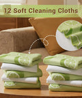 Front view of 12-pack green lemon microfiber cleaning cloths, stacked with white sides visible.