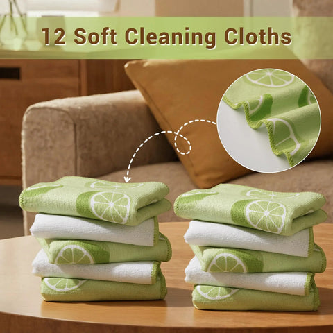 Front view of 12-pack green lemon microfiber cleaning cloths, stacked with white sides visible.