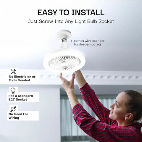 Person installing SocketAir Wireless Ceiling Fan Light With Remote Extender 110 To 120 Volts 2100 Lumens Three Fan Speeds Three Light Settings 6500K