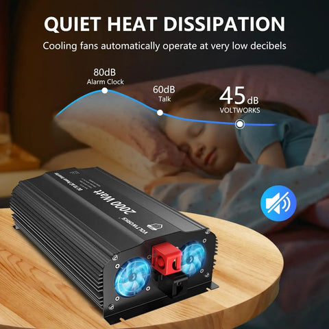 2000W 12V DC To 110V AC Power Inverter With Remote Control And 3 AC Outlets 2.4A USB Port UL Fuses on wooden table
