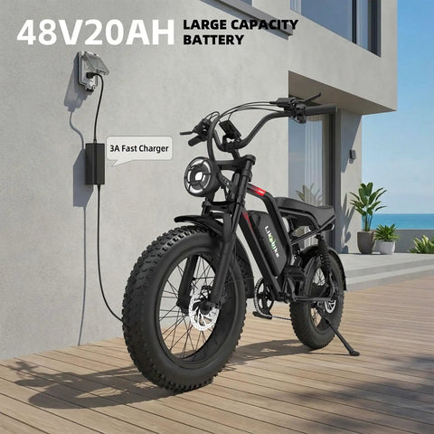 1500W Peak Electric Fat Tire Mountain Bike For Adults with 32 MPH Top Speed, shown charging outdoors
